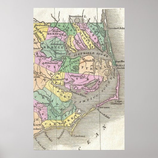 Outer Banks and Eastern North Carolina Map (1827) Poster (Voorkant)