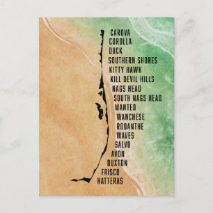Outer Banks Towns Briefkaart met OBX Towns & Kaart