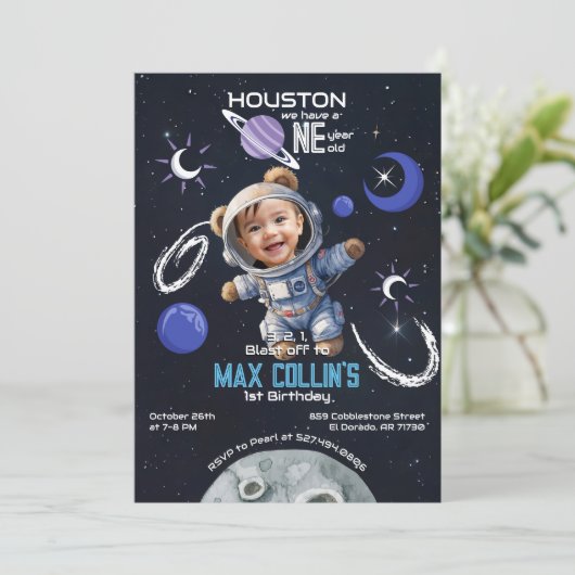 Outer Space 1e verjaardag uitnodiging met foto (Staand voorkant)