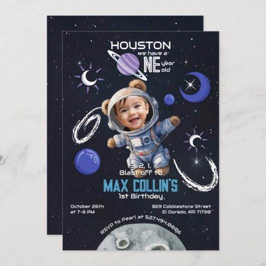 Outer Space 1e verjaardag uitnodiging met foto (Voorkant / Achterkant)