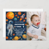 Outer Space 1st Birthday Invitation met foto Kaart (Voorkant / Achterkant)