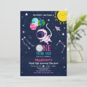 Outer Space 1st Birthday Party Astronaut Rocket Kaart (Staand voorkant)
