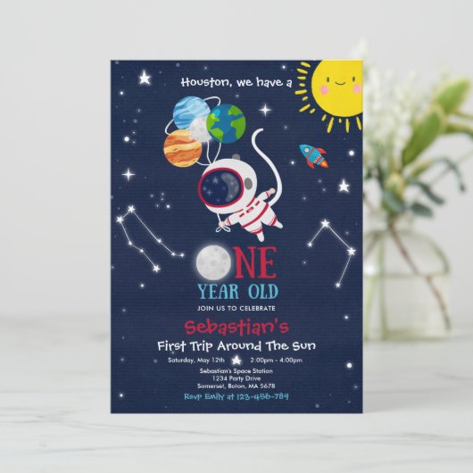 Outer Space 1st Birthday Party Astronaut Rocket Kaart (Staand voorkant)