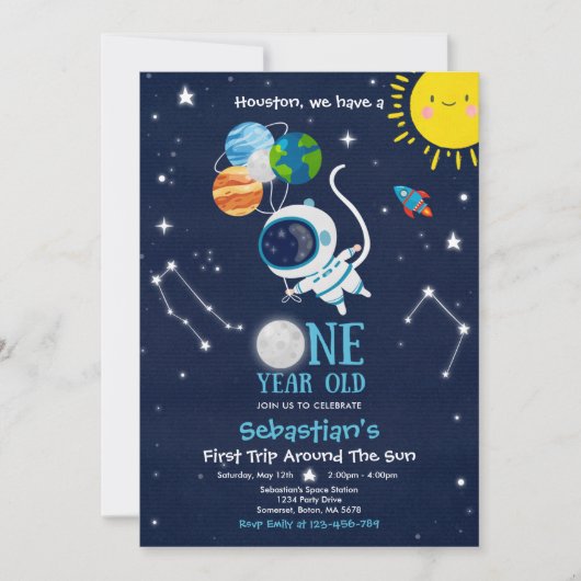 Outer Space 1st Birthday Party Astronaut Rocket Kaart (Voorkant)