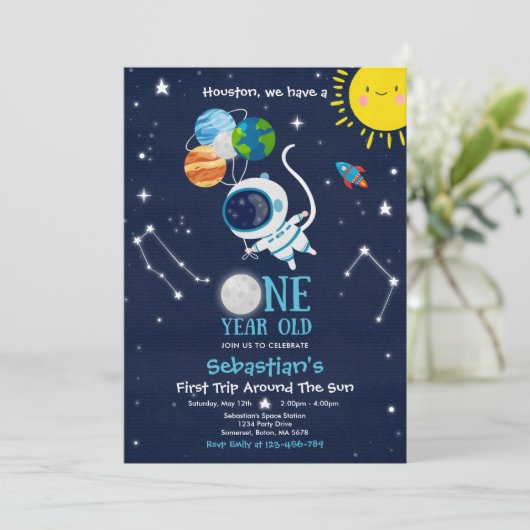 Outer Space 1st Birthday Party Astronaut Rocket Kaart (Staand voorkant)