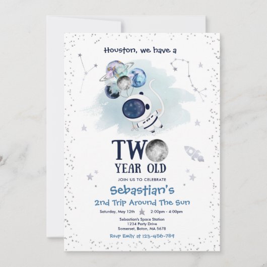 Outer Space 2nd Birthday Party Astronaut Rocket Kaart (Voorkant)