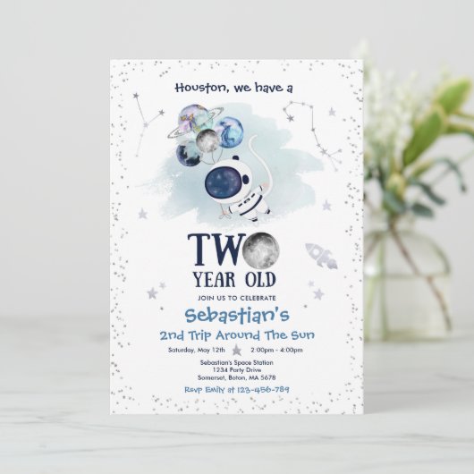 Outer Space 2nd Birthday Party Astronaut Rocket Kaart (Staand voorkant)