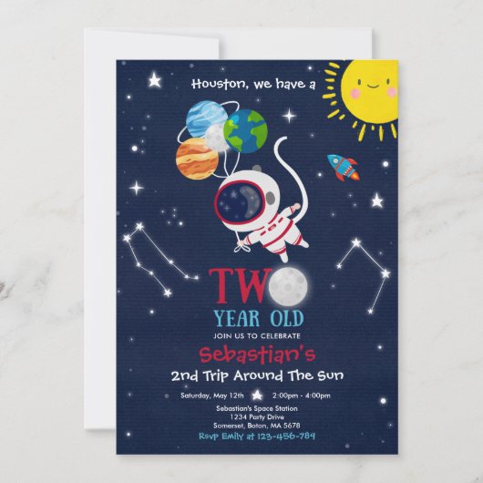 Outer Space 2nd Birthday Party Astronaut Rocket Kaart (Voorkant)