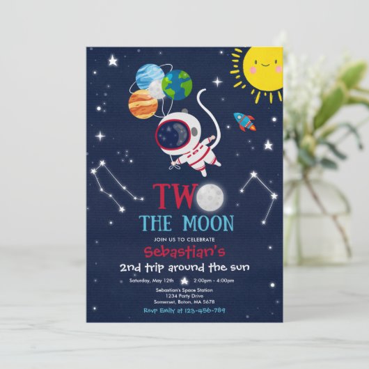 Outer Space 2nd Birthday Party Astronaut Rocket Kaart (Staand voorkant)