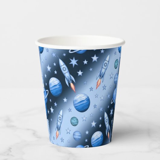 Outer Space Adventure Rocket en Planet Blue Papieren Bekers (Achterkant)