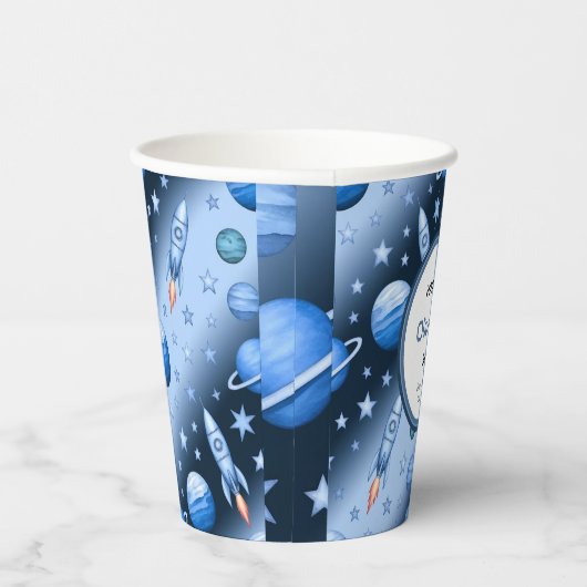 Outer Space Adventure Rocket en Planet Blue Papieren Bekers (Rechts)