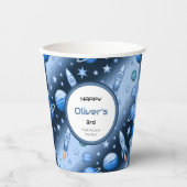 Outer Space Adventure Rocket en Planet Blue Papieren Bekers (Voorkant)