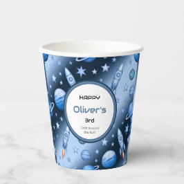 Outer Space Adventure Rocket en Planet Blue Papieren Bekers