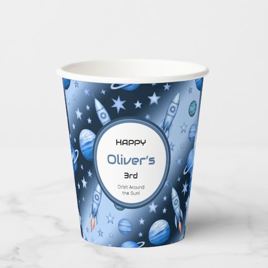 Outer Space Adventure Rocket en Planet Blue Papieren Bekers (Voorkant)