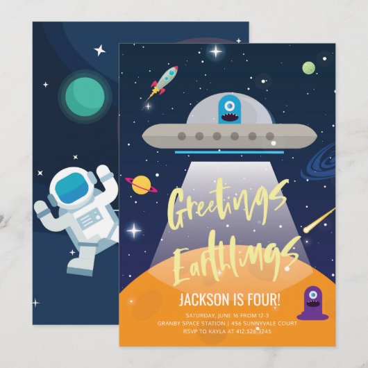 Outer Space Alien Verjaardag Uitnodiging (Voorkant / Achterkant)