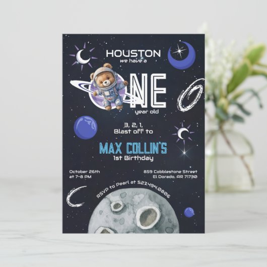 Outer Space Astronaut 1st Birthday Invitation Kaart (Staand voorkant)