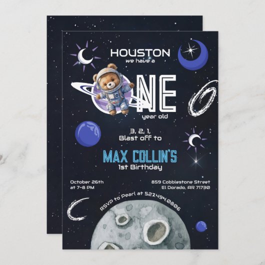 Outer Space Astronaut 1st Birthday Invitation Kaart (Voorkant / Achterkant)