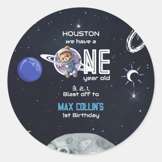Outer Space Astronaut 1st Birthday Ronde Sticker (Voorkant)