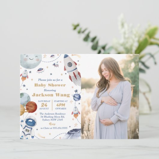 Outer Space Astronaut Baby shower Party Foto Kaart (Staand voorkant)