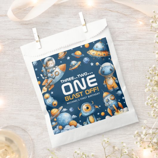 Outer Space Astronaut Cat Blast Off 1st Birthday Bedankzakje (Geknipt)