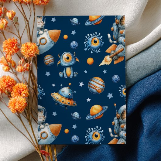 Outer Space Astronaut Cat Blast Off 1st Birthday Kaart