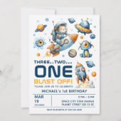 Outer Space Astronaut Cat Blast Off 1st Birthday Kaart (Voorkant)