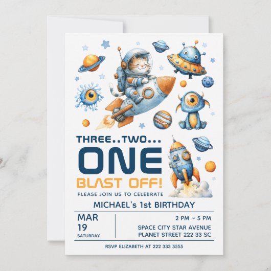 Outer Space Astronaut Cat Blast Off 1st Birthday Kaart (Voorkant)