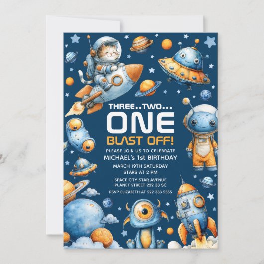 Outer Space Astronaut Cat Blast Off 1st Birthday Kaart (Voorkant)