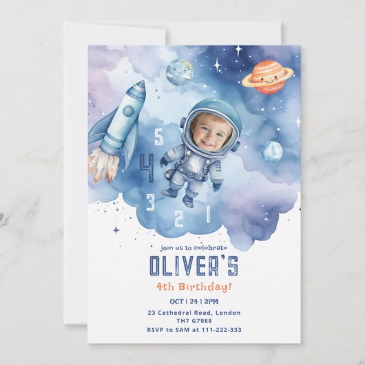 Outer Space Astronaut countdown 4e verjaardag Foto Kaart (Voorkant)