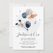 Outer Space Astronaut Oranje Boy First Birthday Kaart (Voorkant)