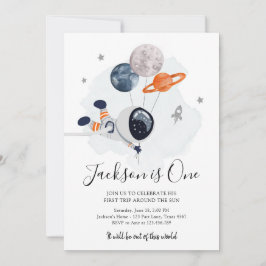 Outer Space Astronaut Oranje Boy First Birthday Kaart