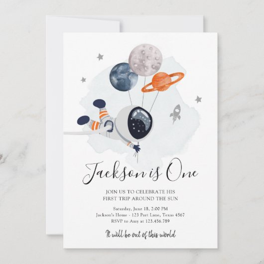 Outer Space Astronaut Oranje Boy First Birthday Kaart (Voorkant)