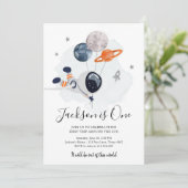 Outer Space Astronaut Oranje Boy First Birthday Kaart (Staand voorkant)