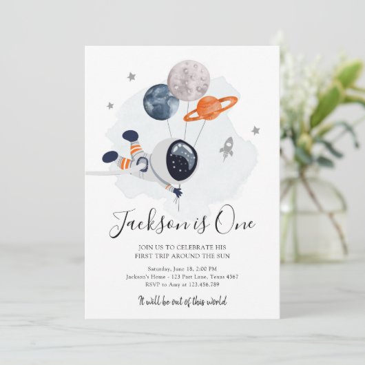 Outer Space Astronaut Oranje Boy First Birthday Kaart (Staand voorkant)