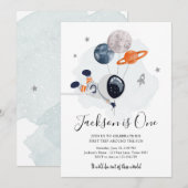 Outer Space Astronaut Oranje Boy First Birthday Kaart (Voorkant / Achterkant)