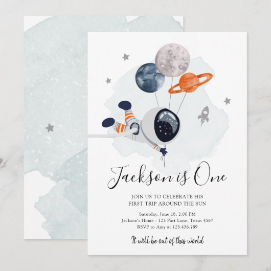 Outer Space Astronaut Oranje Boy First Birthday Kaart (Voorkant / Achterkant)