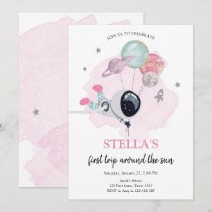 Outer Space Astronaut Oranje meisje Eerste verjaar Kaart