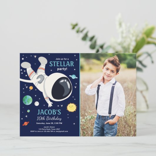 Outer Space Astronaut Planets Galaxy Boy Verjaarda Kaart (Staand voorkant)