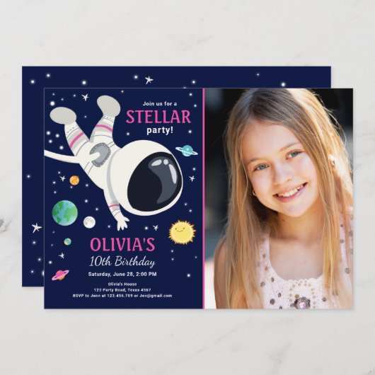 Outer Space Astronaut Planets Galaxy Girl Verjaard Kaart (Voorkant / Achterkant)