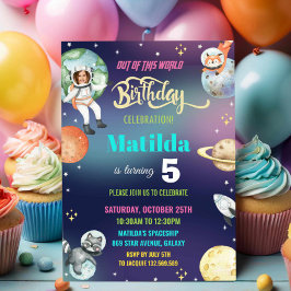 Outer Space Astronaut Planets Meisje Verjaardagsfo Kaart