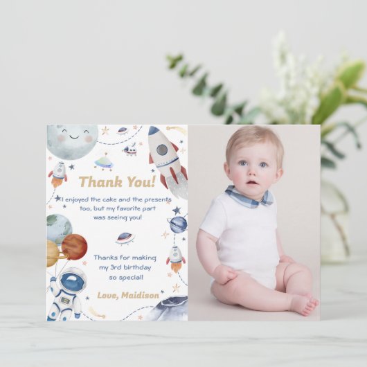 Outer Space Astronaut Verjaardag Dank je kaart (Staand voorkant)