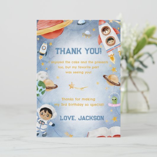 Outer Space Astronaut Verjaardag Dank je kaart (Staand voorkant)
