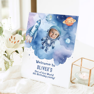 Outer Space Astronaut verjaardagsfoto welkom Reclamebord Met Voetstuk