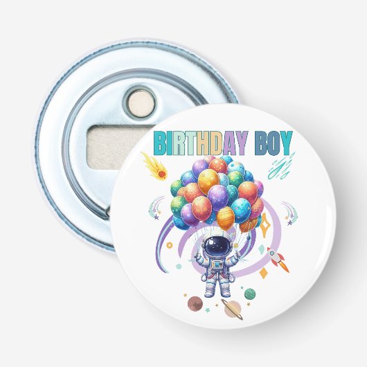 Outer Space Astronaut Verjaardagsjongen Button Flesopener (Voorkant)