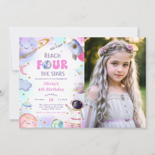 Outer Space Bereik de VIER sterren Verjaardag Foto Kaart (Voorkant)