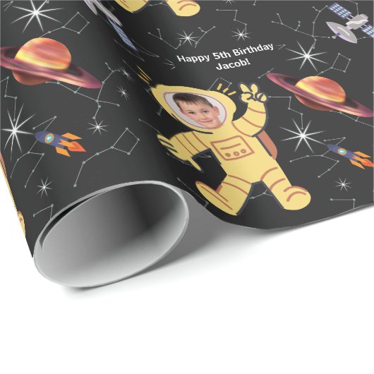 Outer Space Birthday Astronaut Name Age Foto Cadeaupapier (Rol Hoek)