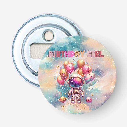 Outer Space Birthday Girl Flight Crew Button Flesopener (Voorkant)