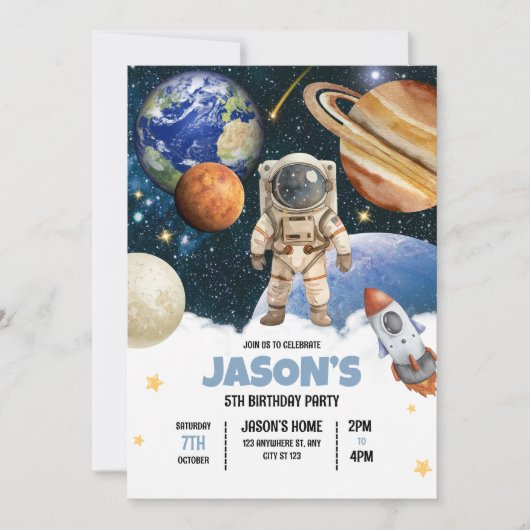 Outer Space Birthday Invitation, Astronaut Galaxy Kaart (Voorkant)