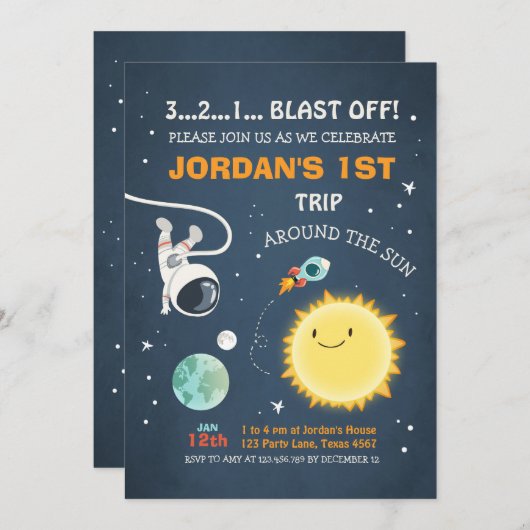 Outer Space Birthday Invitation Rocket Astronaut Kaart (Voorkant / Achterkant)