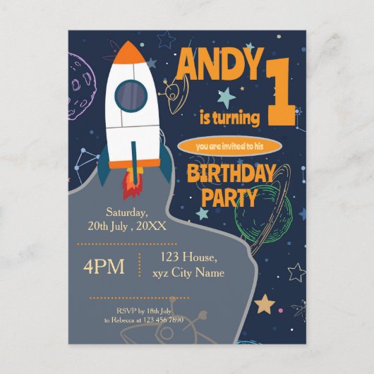 Outer Space Birthday Party Rocket Planets & Stars Briefkaart (Voorkant)